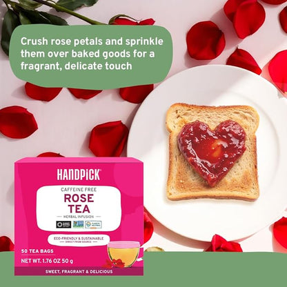 HANDPICK, Rose Buds Herbal Tea Bags - 50 Count | Caffeine Free Tulsi Tea with Chamomile & Rose Extracts | Floral & Smooth | Round Eco-conscious Tea Bags