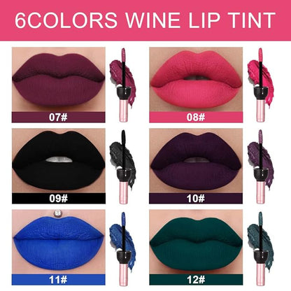 6 Colors Matte Red Wine Liquid Lipstick Pack Set,Wine Lip Tint Long Lasting 24 Hour Waterproof Velvet Nonstick Cup Lipgloss Lip Stain Pigmented Lip Makeup Gift Sets for Girls and Women Labiales