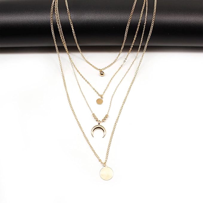 Bohemia Layered Coin Choker Necklace Moon Crescent Pendant