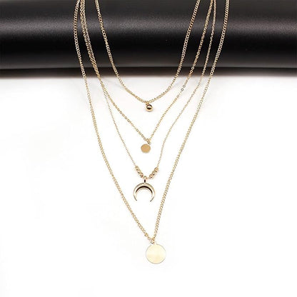 Bohemia Layered Coin Choker Necklace Moon Crescent Pendant