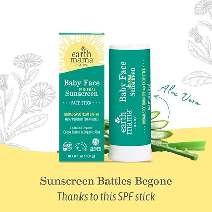 Earth Mama Baby Face Mineral Sunscreen Stick SPF 40 | Reef Safe, Non-Nano Zinc, Contains Organic Cocoa Butter & Aloe | Babies, Kids & Family 0.74-Ounce
