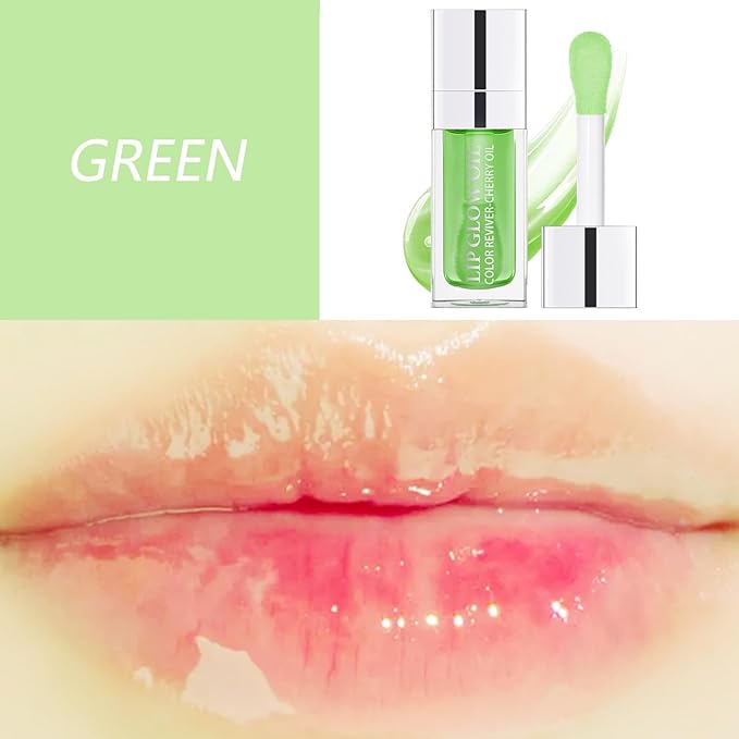 Lip Oil, Hydrating Lip Gloss Tinted Lip Balm Transparent Lip Care, Big Brush Head Glitter Shine, Long Lasting Nourishing Non-sticky Fresh Texture, Green