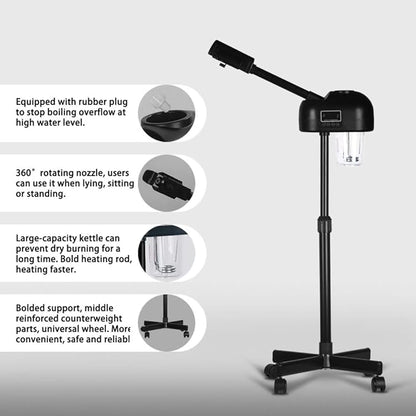 LCD Facial Steamer Professional for Clean Skin, Skin Care Use at Home, Beauty Salon, Spa with Hot Mist, Timer Function, Adjustable Height, Rolling Wheels - Black