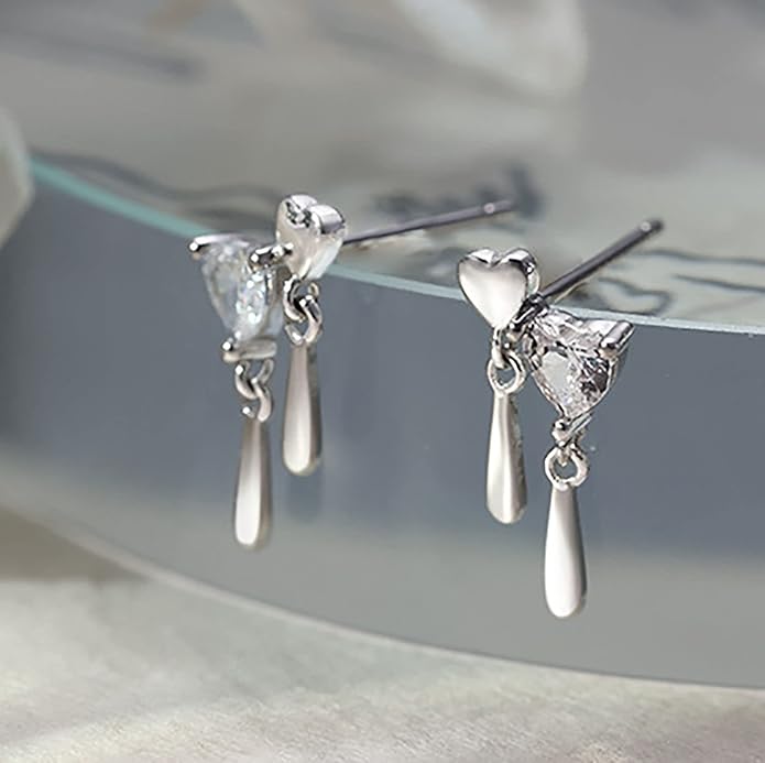 Vintage Crystal Heart Drop Earrings Silver Cz Teardrop
