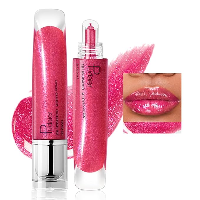 AKARY Shimmery Glitter Lip Gloss, Tinted Hydrating Waterproof Long Lasting Liquid Lipstick for Lip Plumper Makeup with Jojoba Seed OilRosa, Sparkle Lipstick Moisturizing High Shine Lip Glow Stain, 06