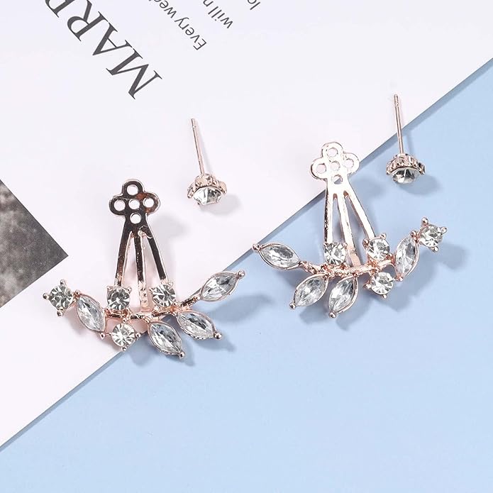 Boho Crystal Leaf Ear Jackets Earrings Gold Cz