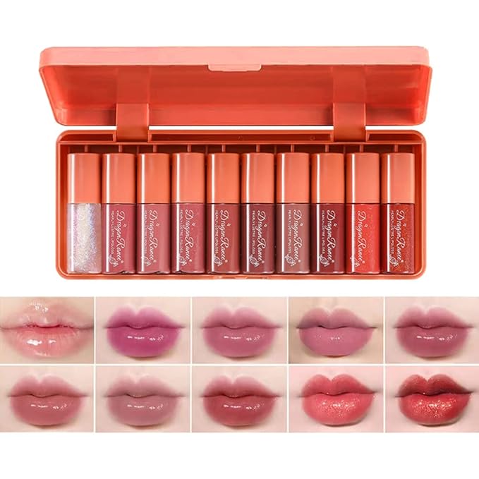 Charm Kiss 10 Colors Lip Stain Tint Set, Watery Finish Lip Tint Stain Korean Lip Gloss,Multi-use Lip and Cheek Tint,Moisturizing Waterproof Long Wear,High Pigment,Non-Sticky,Non-fading,Vivid Color