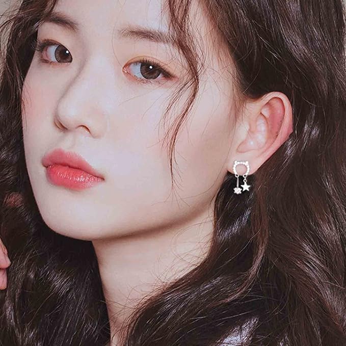 Crystal Cat Studs Earrings Silver Crystal Star Dangle