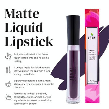Aromi Black Plum Matte Liquid Lipstick, Dark Midnight Lip Color, Vegan and Cruelty-free, Long-lasting and Opaque Lipstick (Gothic Plum)