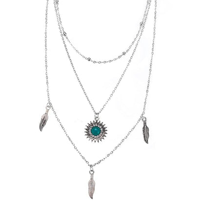 Boho Layered Feather Choker Necklace Turquoise Pendant Necklace