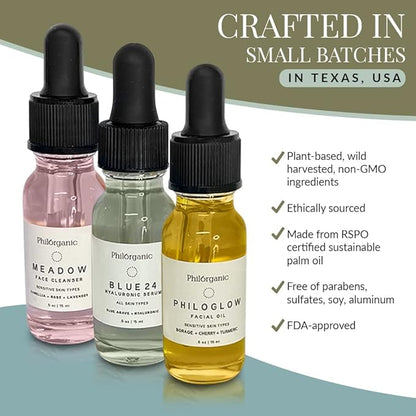 Philorganic Sustainable Facial Care Kit- Organic Trio Set- Cleanser, Hyaluronic Serum, & Oil - Self-Care Spa Moment & Gift - Small Batch USA Made