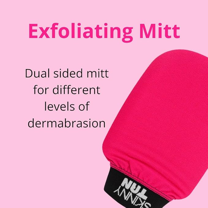 Skinny Tan, Exfoliating Glove Mitt - Dual Sided for Different Levels of Exfoliation - Vegan, Cruelty Free - Preps Skin for Self Tanner - Pink, 1 Pc