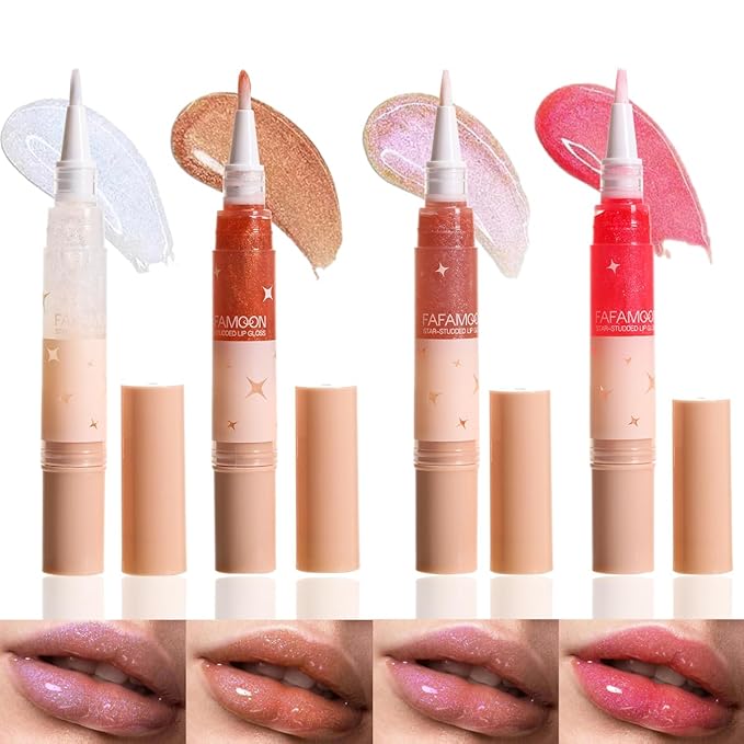 4 PCS Glitter Lip Glow Set,High Shine Shimmer Lipstick,Plumping Hydrating Lip Gloss Oil,Non-Sticky and Lightweight Formula for Lip Color,Long-Lasting Moisturizing Nourishing Lipgloss Makeup