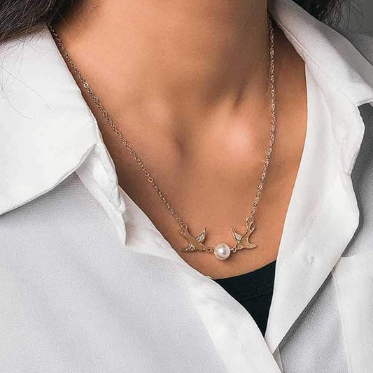 Vintage Pearl Necklace Long Birds Necklace