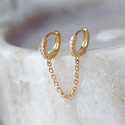Boho Double Chain Hoop Earrings Gold Cz Hoop