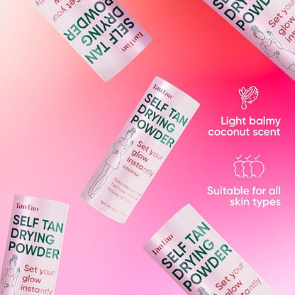 Self Tan Drying Powder Kit - Stops Sticky Feeling - Sets Sunless Tanner - 100% Vegan Talc-Free Translucent Natural Blend Setting w Brush + Pouch For Smooth Silky Skin - USA Made (Coconut 3oz)