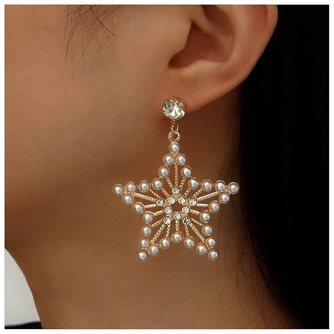 Vintage Pearl Star Drop Earrings Crystal