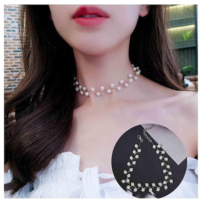 Boho Pearl Choker Necklace Silver Pearl