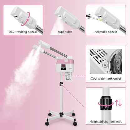 Professional Facial Steamer,2 in 1 Facial Steamers with Hot&Cool Mist, Height Adjustable Face Steamer, Pink Esthetician Steamer for Home Salon Spa