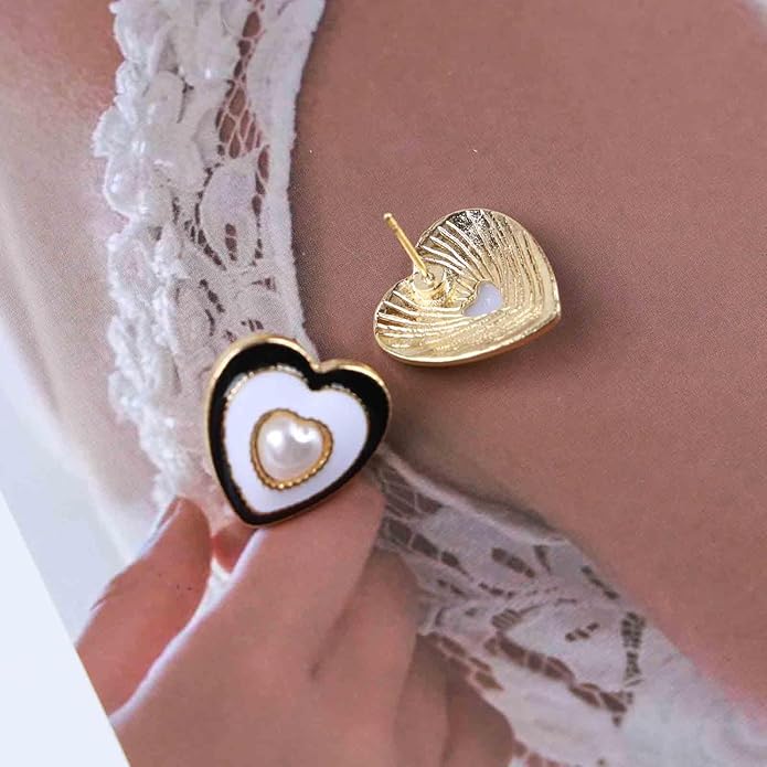 Vintage Pearl Heart Stud Earrings Enamel Heart Earrings