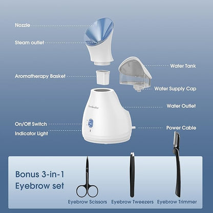 Newbealer 2in1 Facial Steamer, Hot Mist Facial Aromatherapy Humidifier Atomizer, Large Face Steamer Unclogs Pores Sinuses Moisturizing, Home Sauna Spa with Eyebrow Set (Blue, 170 ml)