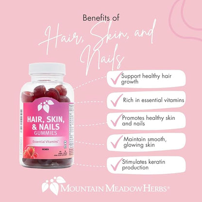 Mountain Meadow Herbs Hair, Skin and Nails Gummies - Essential Daily Support for Lush Hair, Strong Nails, and Radiant Skin with Biotin-Infused Gummies (60 ct)