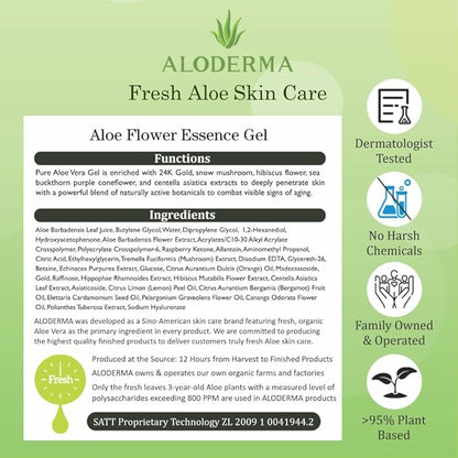 Aloderma Age-Defying Aloe Flower Essence Gel with 24K Gold Leaf, Made within 12 Hours of Harvest - Luxurious Aloe Gel with Allantoin & Hyaluronic Acid for a Shimmering, Youthful Complexion, 7oz 3-Pack