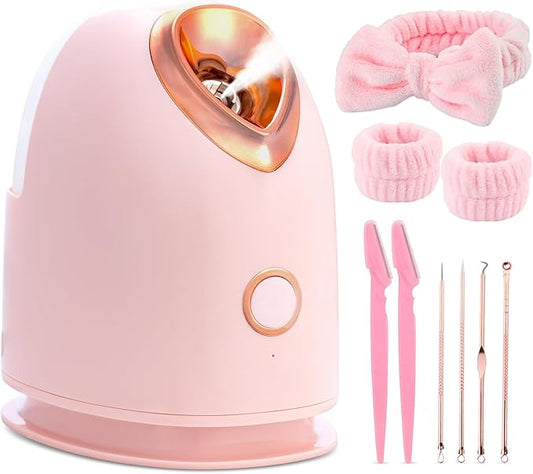 Face Steamer for Facial Deep Cleaning Unclogs Pores, Nano Ionic Warm Mist Humidifier Steamer for Face Home Sauna SPA, Bonus 4 Piece Stainless Steel Skin Kit, Gift for Women
