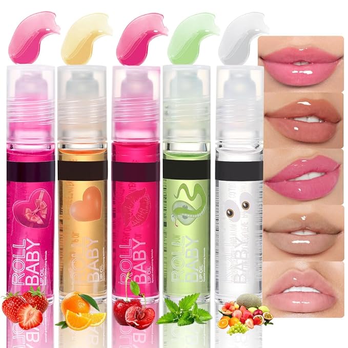 BINGBRUSH Roller Lip Glaze Mirror Lip Gloss, Plumping Magic Mood Lipstick Lip Glaze, High-Shine Clear Lip Stain Lip Balm Lip Care, Longlasting Moisturizing Lip Glow Oil (5Pcs 01#-05#)