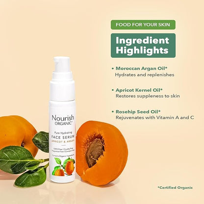 Nourish Organic Face Serum, Apricot & Argan – Pure Hydrating Facial Serum with Vitamin C and Vitamin A + Washable Cotton Round