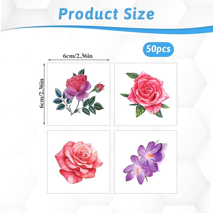 Temporary Tattoo, 50 PCS 3D Flower Tattoo Stickers Women Girls