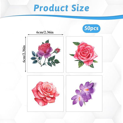 Temporary Tattoo, 50 PCS 3D Flower Tattoo Stickers Women Girls