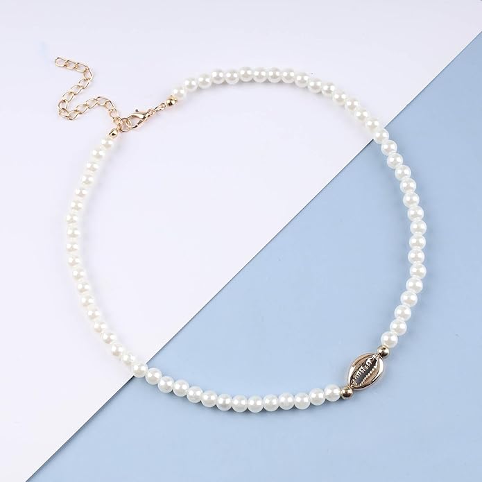Boho Shell Pearl Necklace Choker Gold