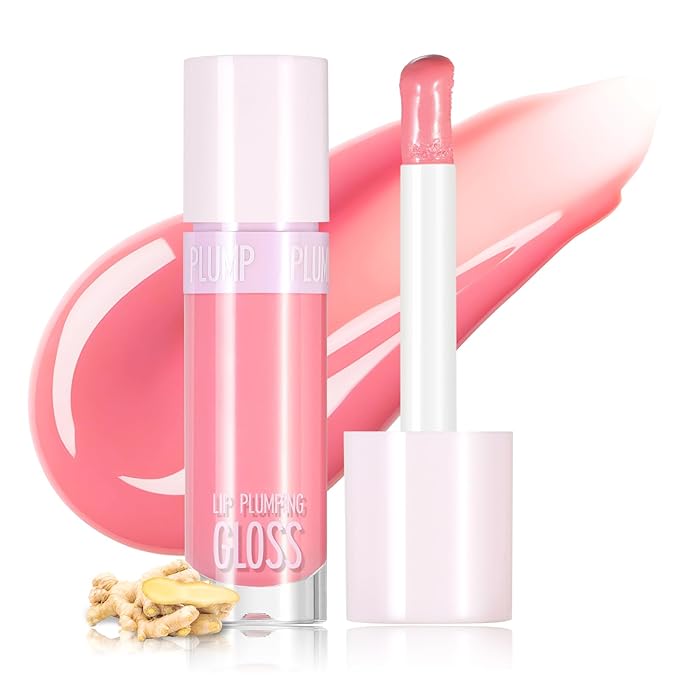 DAGEDA Lip Plumper Gloss,Glossy Liquid Lipstick with Ginger Extract,Highly Pigmented Plumping Lip Gloss,Fuller Looking Lips,Moisturizing Lip Gloss for Women,0.28oz (Pink)