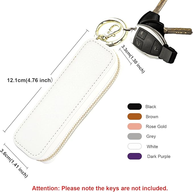 Bocasal Leather Lipstick Case Holder Chapstick Keychain Pouch, Zipper Lip Balm Lip Gloss Bag for Purse with Key Chain Elastic Band, Makeup Travel Organizer, Cosmetic Storage Kit for Women Girl (White)