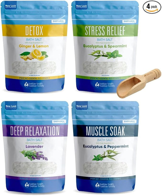 Bath Salts Sampler (4-Pack of 2-lbs) Variety Bath Soaks with Bamboo Scoop