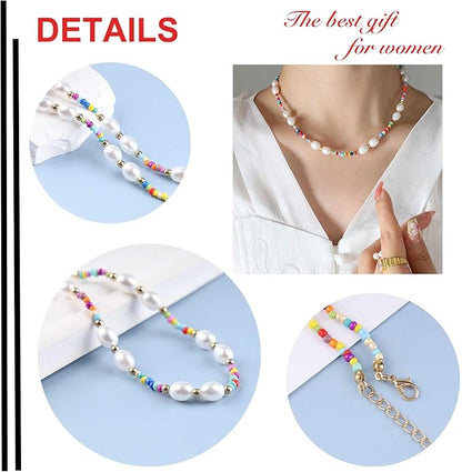 Boho Pearl Choker Necklace Vintage Blue