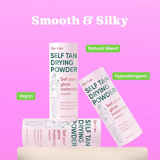 Self Tan Drying Powder Kit - Stops Sticky Feeling - Sets Sunless Tanner - 100% Vegan Talc-Free Translucent Natural Blend Setting w Brush + Pouch For Smooth Silky Skin - USA Made (Coconut 3oz)
