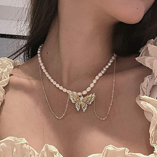 Bohemian Layered Necklace with Butterfly Pendant