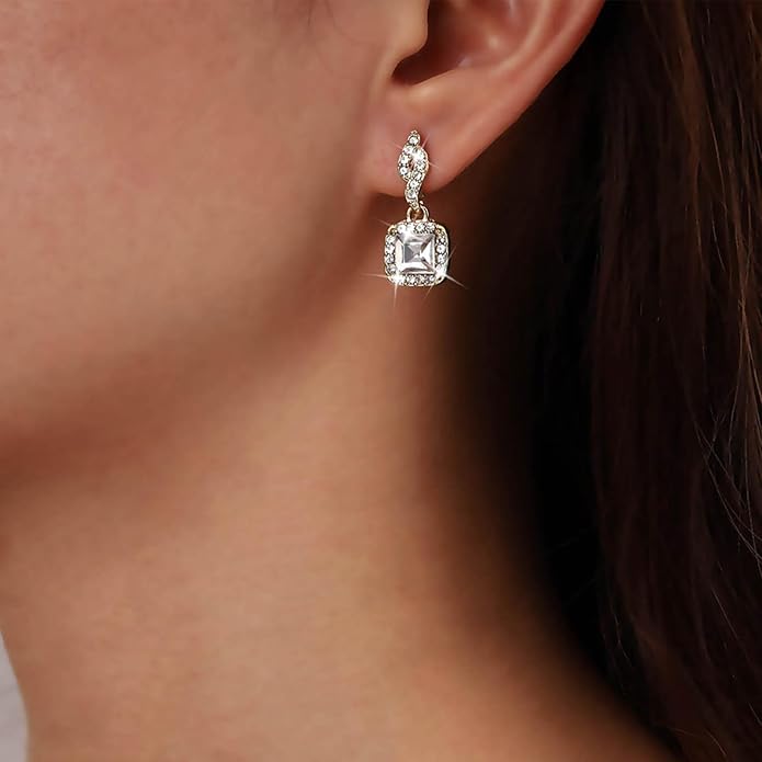 Vintage Crystal Square Drop Earrings Gold