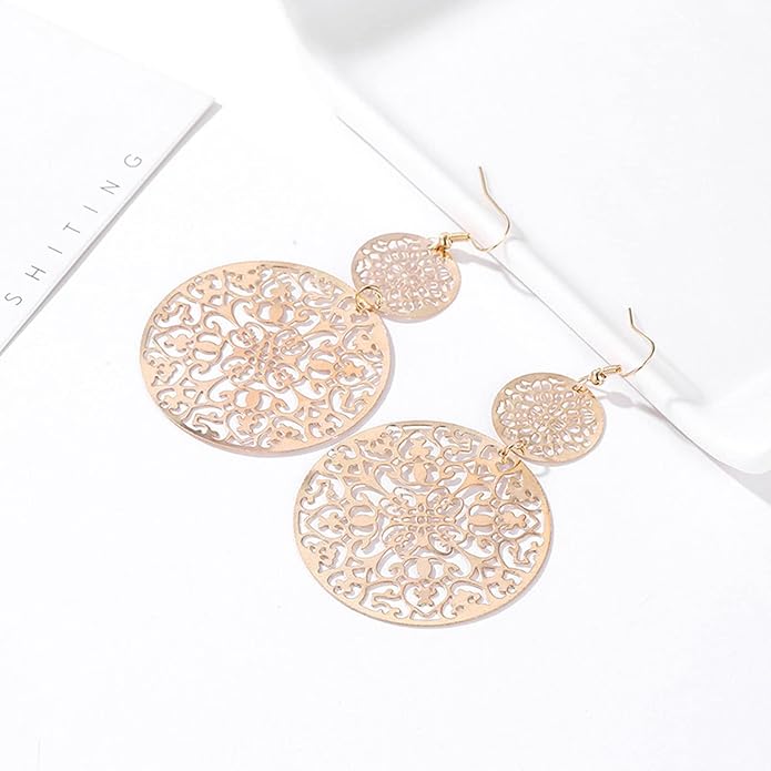 Filigree Hollow Disc Dangle Drop Earrings Boho Gold