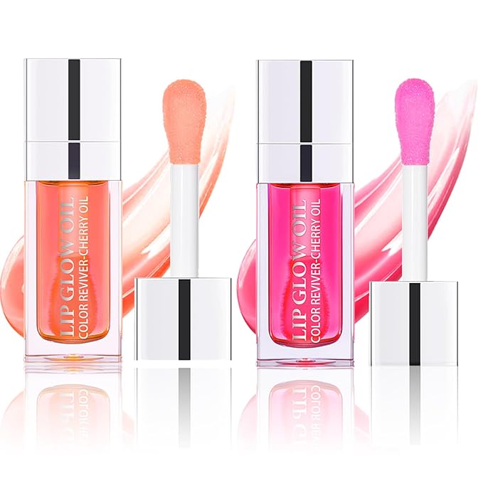 Lip Oil, Hydrating Lip Gloss Tinted Lip Balm Transparent Lip Care, Big Brush Head Glitter Shine, Long Lasting Nourishing Non-sticky Fresh Texture, Raspberry+Pink