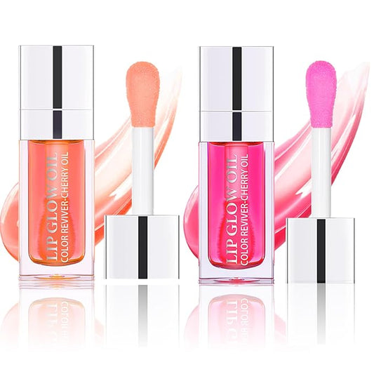 Lip Oil, Hydrating Lip Gloss Tinted Lip Balm Transparent Lip Care, Big Brush Head Glitter Shine, Long Lasting Nourishing Non-sticky Fresh Texture, Raspberry+Pink