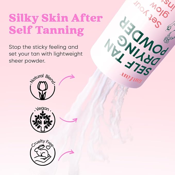 Self Tan Drying Powder Kit - Stops Sticky Feeling - Sets Sunless Tanner - 100% Vegan Talc-Free Translucent Natural Blend Setting w Brush + Pouch For Smooth Silky Skin - USA Made (Coconut 3oz)