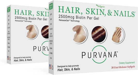 Wellgenix Purvana Hair, Skin, and Nails Vitamin - Softgels for High Absorption - Double Strength 2500mcg Biotin, VIT A & B (30 Count) (Pack of 2)