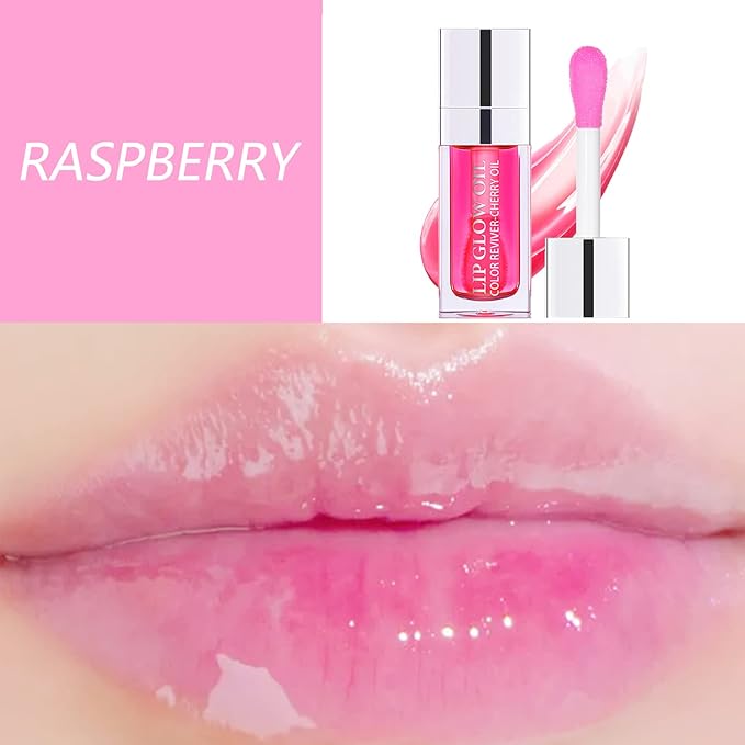 Lip Oil, Hydrating Lip Gloss Tinted Lip Balm Transparent Lip Care, Big Brush Head Glitter Shine, Long Lasting Nourishing Non-sticky Fresh Texture, Raspberry+Pink