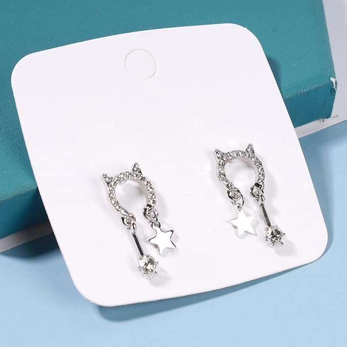 Crystal Cat Studs Earrings Silver Crystal Star Dangle