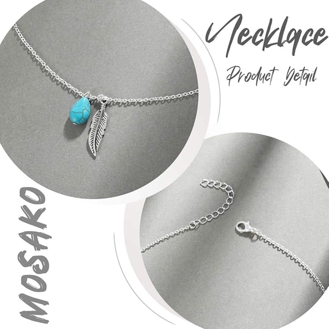 Boho Turquoise Necklaces Silver Feather Pendant