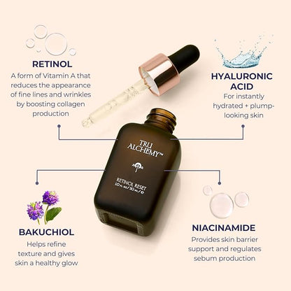 Tru Alchemy Retinol Reset Revitalizing Retinol Serum for face - Wrinkle Appearance Serum & Retinol Cream for Face w/Bakuchiol, Niacinamide for Overnight Renewal w/Long-Term Radiance - 1 fl oz
