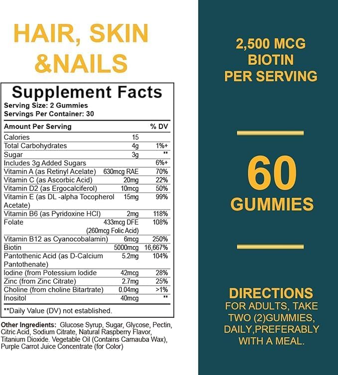New Hair Skin and Nails Vitamins, 60 Fast-Release Gummies - 1 Bottlea